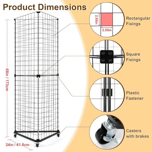 GADFISH Triangular Gridwall Panel Display Stand, Black Triangle Wire Grid Tower with Base and Casters, 24" x 68" Rolling Grid Wall, Panel Stand for Home Organization, Retail, Trade Show, Vendor