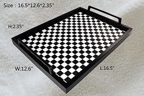 MCBZ Living Room Coffee Table Decorative Tray, Food Service Tray, Leather Ottoman Tray,with Metal Handles 16.5 x 12.6 in (Black and White Grid) - color: Black/White Checkerboard