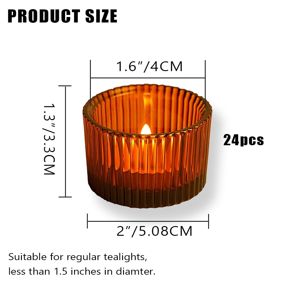 Clear Tealight Candle Holder Set of 24,Glass Votive Candle Holders, Decorative Round Ribbed Candle Holders for Home Decor (Brown) - color: Brown
