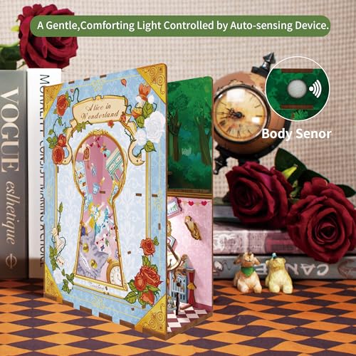 Tonecheer DIY Book Nook Kit for Adults,3D Wooden Puzzle Bookend Bookshelf Insert Library Decor, Booknook Miniature House Kit with Body Motion Sensor LED Light (Vincent's World)