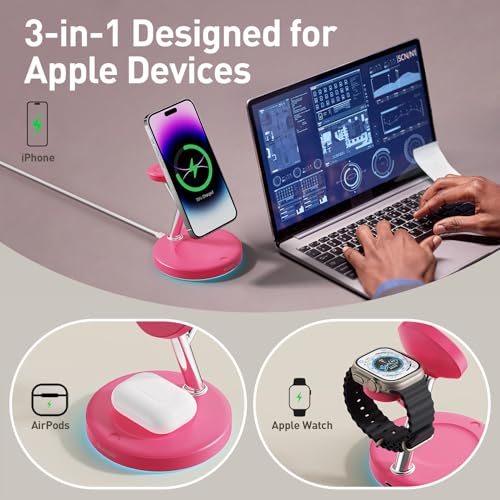 New 3 in 1 Charging Station for Apple Compatible with Magsafe Charger Stand for iPhone 17 16 15 14 13 12 Wireless Charging Station for AirPods Wireless Charger for iWatch Series - color: Rose Red