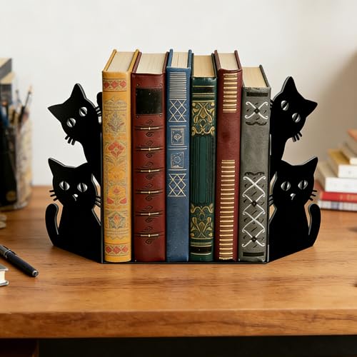 Peeking Cat Metal Bookends - Cute Book Ends for Heavy Novels Books, Geometric Pattern Book Holders for Shelves, Black Matte Decorative Cat Bookends for Office, Home, Library & Nursery - color: Type-5