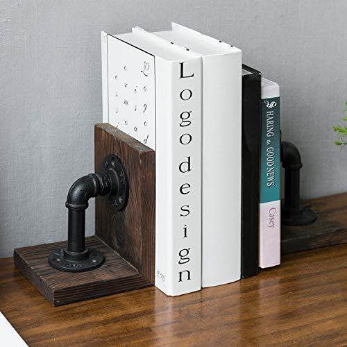 MyGift Book Ends Decorative, Bookends for Shelves, Metal Bookends for Heavy Books, Office Decor for Men, Wood Book Stopper, Realistic Industrial Pipe Design, Dark Brown - color: Dark Brown