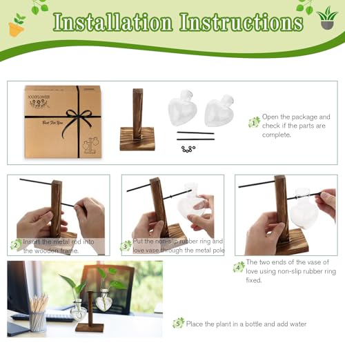 XXXFLOWER Plant Terrarium Wooden Stand, Hydroponic Planter Bulb Glass Metal Swivel Holder Retro Air Plants Water Plants for Home Office Decoration,Gifts for Plant Lover Wife Mom- 2 Love Bulb Vase - size: 2 Love Wooden Stand