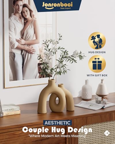 Hug Donut Decorative Vase Set - Tan Modern Rustic Farmhouse Style Vases Home Decor,Matte Ceramic Decorations for Living Room Shelf, Bookshelf Mantle Entryway Table Centerpiece or Console Décor(Brown) - color: Brown