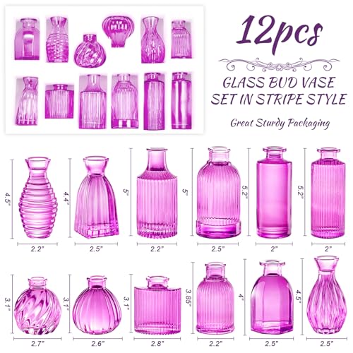12PCS Hot Pink Vase for Flowers, Small Glass Bud Vases for Centerpieces Purple Flower Vase in Bulk for Home Office Decor - color: Hot Pink-purple, size: 1 Pack