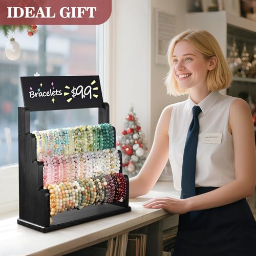 Emfogo Bracelet Holder with Advertising Board, 3 Tier Bracelet Organizer Stand Storage for Bracelets Bangles Watch Scrunchies, Rustic Wood Jewelry Display for Vendors, Craft Shows & Store (Black) - color: Black
