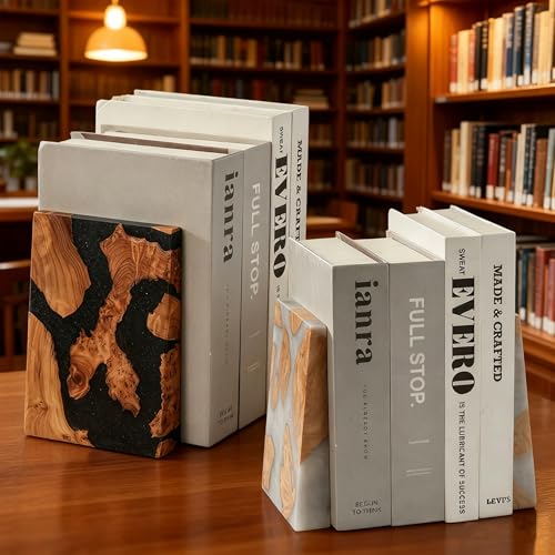 Pearlescent Black Resin Bookends, Burl Wood Book Ends for Shelves – Unique Decorative Book Supports for Study Office, Elegant Gift for Home Library (Pearlescent Black) - color: Pearlescent Black