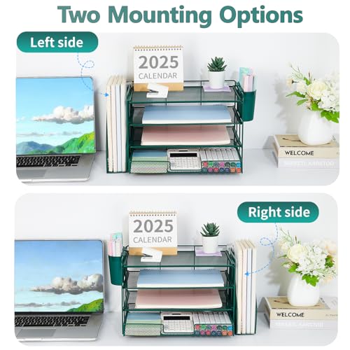 OPNICE Desk Organizer, 4-Tier Desktop File Organizer with Drawer and 2 Pen Holders, Office Desk Accessories, File Sorters, Workspace Organizers for Office Supplies(Dark Green) - color: Dark Green, size: 4-Tier