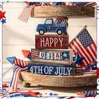 CroBlissful 4 Pcs 4th of July Decorations Patriotic Memorial Day Tabletop Decorations Red White Blue Table Centerpieces Sign for Office Tiered Tray Home Shelf 250th Anniversary(Happy Usa) - style: Happy Usa