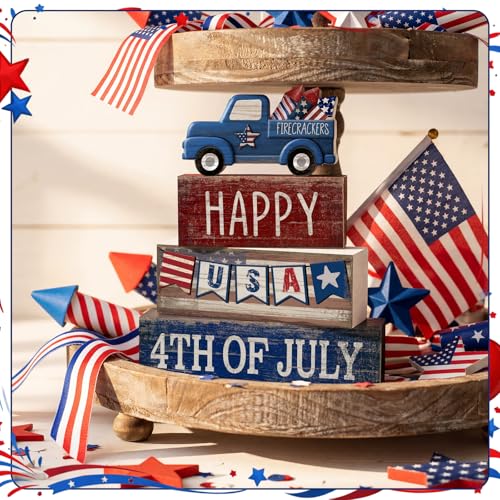 CroBlissful 4 Pcs 4th of July Decorations Patriotic Memorial Day Tabletop Decorations Red White Blue Table Centerpieces Sign for Office Tiered Tray Home Shelf 250th Anniversary(Happy Usa) - style: Happy Usa