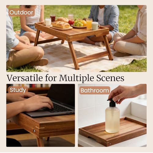 Fibogollo Acacia Wood Bed Tray Table with Folding Legs,Breakfast Trays with Built-in Handles,Serving Tray for Food and Snack,Laptop Trays for Working