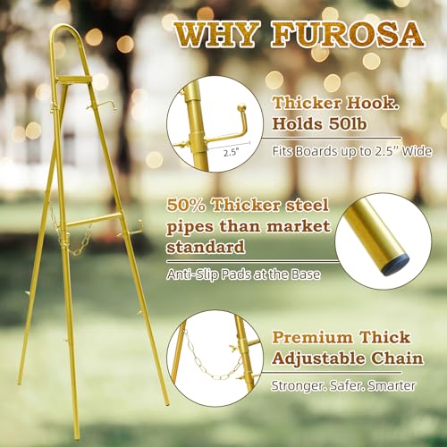 57"– 42" Height Adjustable Gold Easel Stand for Signs, Lockable at Any Height – 4 Hooks, 3 Display Modes, Easel with Design Templates – Ideal for Wedding Welcome Sign, Parties, Art & Retail Display