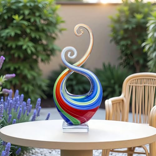 14″ Hand Blown Glass Decor - Murano Style Art Glass Sculpture - Weatherproof Multicolor Swirled Abstract Cameo Glass Artwork for Indoor Outdoor Use - Giftable Art Piece - color: Vibrant