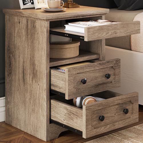LIKIMIO Night Stand, Modern Bedside Table with 2 Drawers, Open Shelf, End Table with Pull-Out Tray, Wood SideTable, Grey Oak - color: Grey Oak