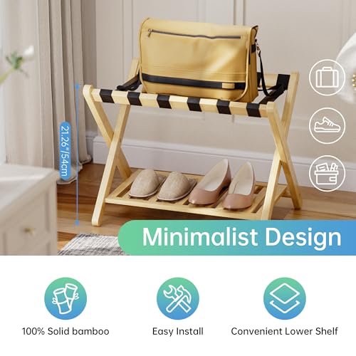 SMIBUY Luggage Rack, Foldable Bamboo Suitcase Stand with Storage Shelf for Guest Room, Bedroom, Hotel, Heavy-Duty, 1 Pack (Natural) - color: Natural