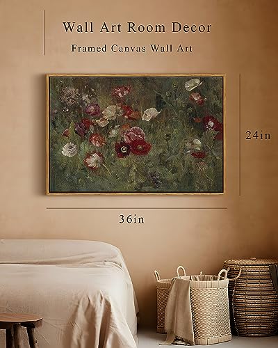InSimSea Framed Canvas Wall Art Vintage Decor, Flowers Canvas Wall Art Modern Farmhouse Decor, Botanical Wall Art Painting for Office, Bedroom Bathroom Office home Decor, 24"x36" - color: A Bed of Poppies, size: 36"L x 24"W