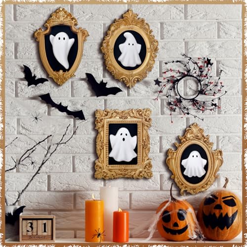 Wesiti 4 Pcs Halloween 3D Ceramic Ghosts with Vintage Resin Framed Mini Cute Sculpture Statue Wall Decoration Small Scary Ghost Figurine Halloween Sculptures for Wall Living Room Bedroom Home Decor - style: Halloween Ghost