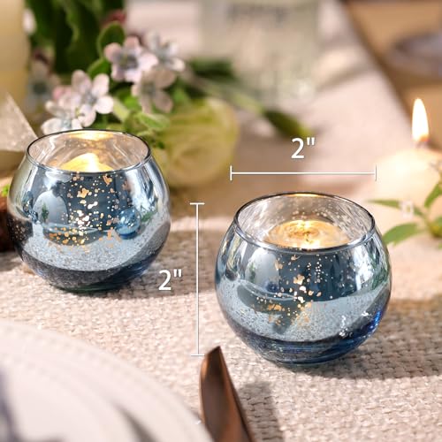 Volens Round Blue Votive Candle Holders Set of 12, Blue Wedding Centerpiece Table Decorations, Mercury Glass Tealight Candle Holder for Bridal Shower, Baby Shower & Home Decor - color: Blue