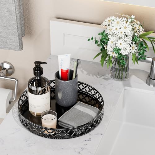 Vanity Tray for Bathroom Counter - 11 Inch Black Decorative Tray Bathroom Counter Tray Organizer for Perfume Cosmetics Jewelry Makeup - color: Floral-black