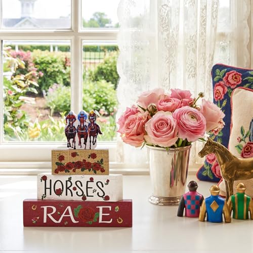 Smile Horses and Races Wooden Block Decor Jockey HORSES RACES Rose Tiered Tray Tabletop Signs for Horse Racing Party Decorations - style: Jockey