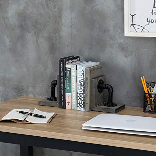 MyGift Book Ends Decorative for Shelves, Office Bookends for Heavy Books, Book Holder L-Shaped Stand Desktop, Vintage Gray Wood with Realistic Industrial Pipe Design - color: Vintage Gray