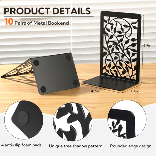 20 Pieces Book Ends for Shelves Heavy Duty Bookends Non-Skid Metal Book Holders Black Tree Design Modern Bookends for Shelves Office Home Decorative Book Stopper for Books CD(10 Pair)