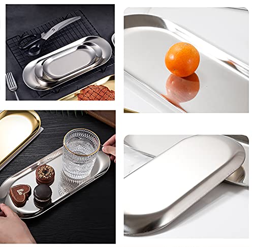 4 Pcs 7 Inch x 3.3 Inch Trinket Tray, Silver Stainless Steel, for Serving Trays Towel Storage Dish Plate Tea Fruit Trays Jewelry Plate Decorative Storage Tray