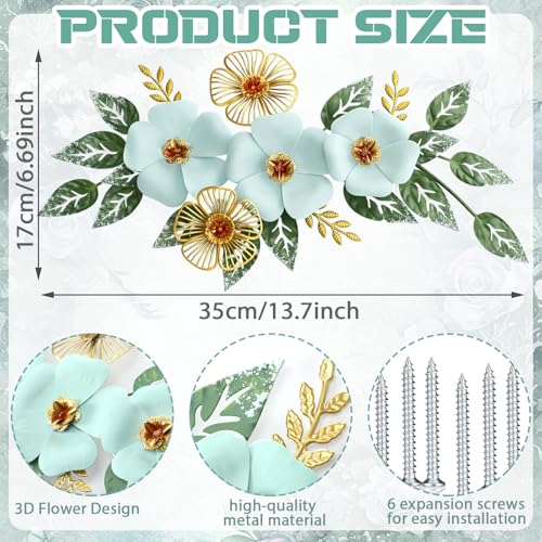 Otoolling 13.7'' Metal Flower Wall Decor, 3D Light Blue & Gold Floral Sculpture with Green Leaves, Hanging Wall Art Accent for Living Room, Bedroom, Bathroom, Home Indoor Outdoor Decoration - style: Classic Style