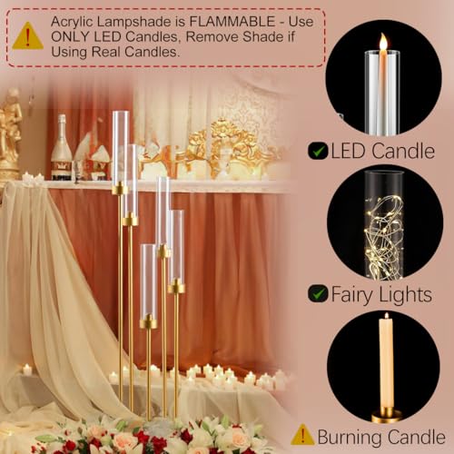 10PCS Gold Floor Candelabra,5 Arm Candle Holder Tall Floor Candle Holder with Acrylic Lampshade for Wedding Table Birthday Party Home Decoration Fit LED Taper Candles - color: Gold, size: 10pcs