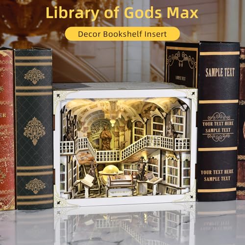 𝐂𝐂𝐂𝐃𝐅 DIY Book Nook Kit, DIY Miniature Dollhouse Booknook Kit, 3D Wooden Puzzle Bookend Bookshelf Insert Decor with LED Light for Adults (Library of Gods Max) - style: Library of Gods Max