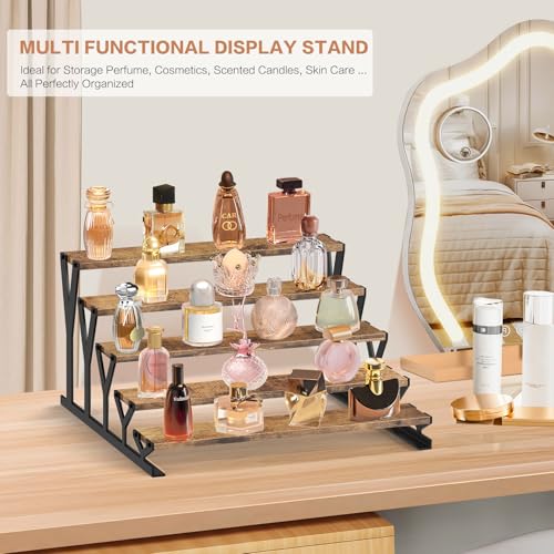 KALYLOC 5 Tier Wooden Display Riser Stand 13.8 Inch Metal Step Perfume Stand Organizer Tabletop Tiered Display Shelf Rack for Cologne Cupcake Spice Figures Cosmetics Candles (Brown, Y-Shape) - color: Brown, size: 5 tier-Y shape