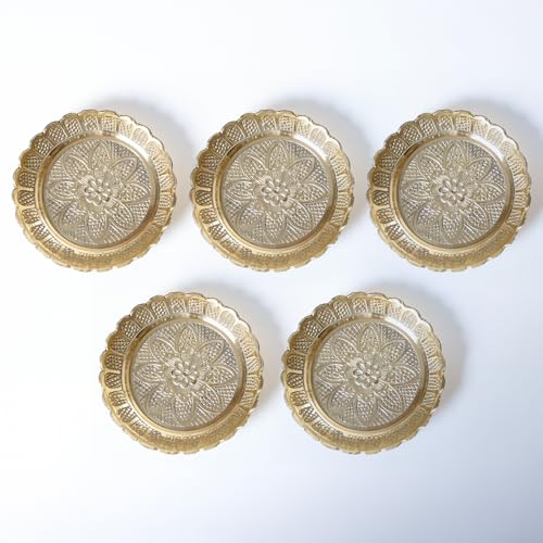 Shubhkart Brass Engraved Nakshi Plate Set 10.7cm (Pack of 5) Indian Decorative Ritual Plates for Puja, Meditation & Festive Décor | Traditional Hindu Offering Plates for Home Altar & Cultural Gifting - size: Large (Pack of 5)