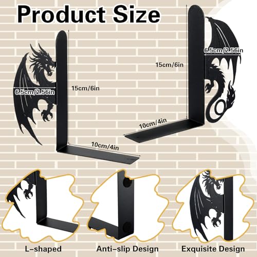 Hicarer Dragon Metal Bookends Push Dragon Bookends Cute Book Ends for Shelves Decorative Home Office Desk Bookshelf Gift for Reading Enthusiasts Family - style: Dragon