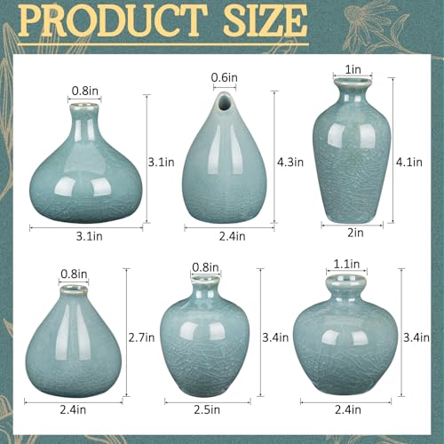 FoldTier 6 Pcs Green Mini Ceramic Bud Vase Vintage Flower Vases Ice Cracked for Farmhouse Rustic Boho Style Table Shelves Home Office Decor Gifts(Classical,Green)