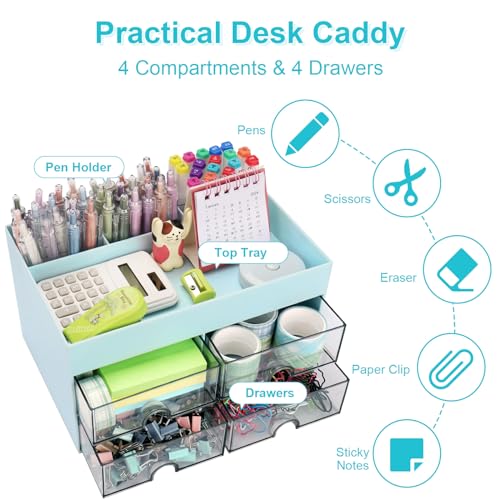 Meiikun Desk Organizer, Office Organizer with Drawer, Desk Accessories & Workspace Organizers, Pen Holder Office Supplies for Desk (4 Drawers+4 Compartments, Blue) - color: 4 Compartments + 4 Drawer (Blue)