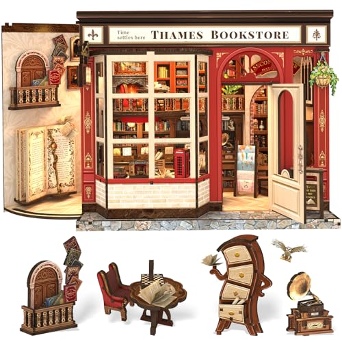 CUTEFUN DIY Book Nook Kit, 3D Puzzle Creative British Library Bookend Bookshelf Decor for Adults Teens, Magic Bookshop Miniature Kit with LED & Dust Cover, Gifts for Book Lovers (Thames Bookstore) - style: Thames Bookstore