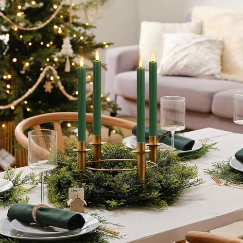 GenSwin FlamelessTaper Candles Flickering with 10-Key Remote, Battery Operated Led Warm 3D Wick Light Window Candles Real Wax Pack of 3, Christmas Home Wedding Decor(Green, 0.78 X 9.64 Inch) - color: 3-Green