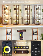 PARTPHONER Floor Lamp Glass Display Shelf with Remote/APP Control, Dimmable LED Floor Lamp with Shelves, Open Display Cabinet, Color Temp Control (2700K-6000K), Rustic Brown - color: Rustic Brown