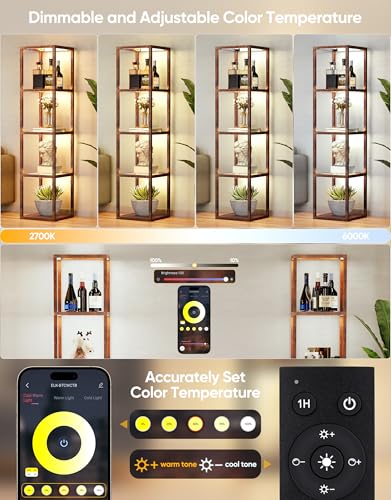 PARTPHONER Floor Lamp Glass Display Shelf with Remote/APP Control, Dimmable LED Floor Lamp with Shelves, Open Display Cabinet, Color Temp Control (2700K-6000K), Rustic Brown - color: Rustic Brown