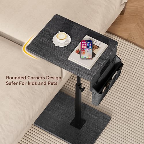 Vagusicc Sofa Armrest Tray Table for Couch - 360° Swivel Height Adjustable Side Table for Small Spaces, Snack Side Table for Bed or Chair, C Shaped End Table Snack Table for Eating Dinner Laptop - color: Gray Walnut, style: With Plug+Storage Bag