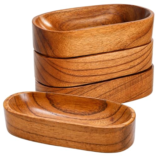 Mechi 4 Pack Decorative Oval Wood Bowl, 7 Inch Long Handcrafted Wooden Boat Bowl, Small Entryway Catchall Tray Holder for Snack, Sauce, Jewelry, Ring, Key, Remote, Home Decor, Table Centerpiece