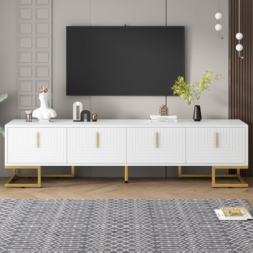 ON-TREND Modern TV Stand with Metal Legs and Gold Handles for TVs Up to 80'', Media Console Table with Cabinets and Adjustable Shelves, Luxury TV Cabinet with Geometric Lines for Living Room, White - color: White+gold1