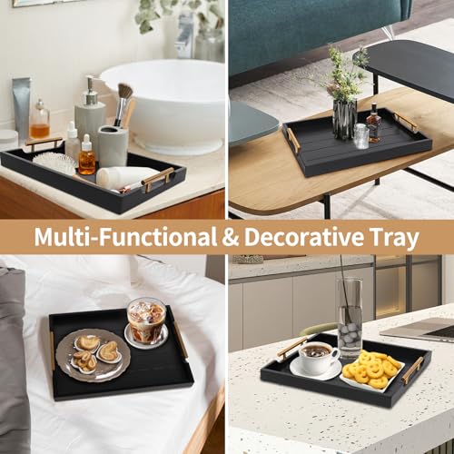 SXNOWS Coffee Table Trays - Large Ottoman Tray for Living Room -Wood Serving Tray with 2 Sets of Handles - Wooden Tray for Coffee Table, 4 Round Coasters Included, Black - color: Black