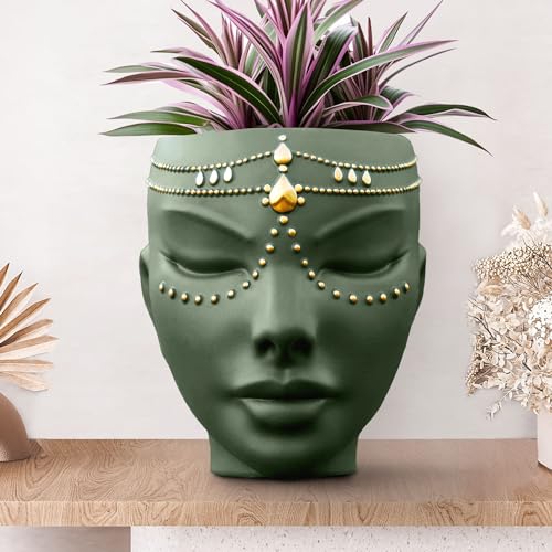 Head Planter - Indoor & Outdoor Home Decor Gifts for Plant Lovers - for Flat Surface or Wall Mount - Unique Face Planter for Flowers, Succulents, & More (7 inch, Serena Design, Green) - color: Serena Green