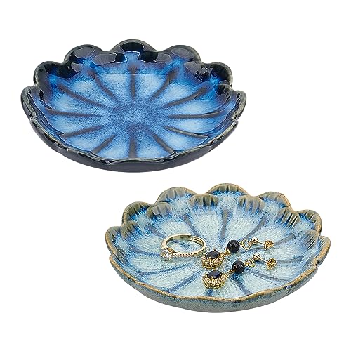 NBEADS 2 Pcs 2 Color Ceramic Jewelry Tray, Lotus Flower Shape Ring Dish Holder Porcelain Trinket Tray Decorative Trinket Plate for Ring Necklace Bracelet Jewelry Watch Key Gift - color: 2 Colors-Blue Lotus Flower