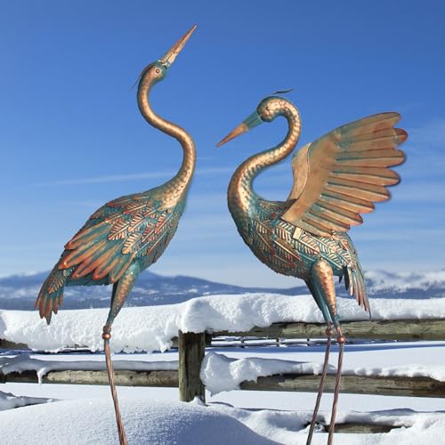 33-37 Inch Metal Crane Garden Statue Décor, Bird Heron Garden Sculpture & Statues, Outdoor Decoration for Yard Pond Lawn Backyard Pool, Vintage Spread Wings Crane, Set of 2 Copper - color: Copper