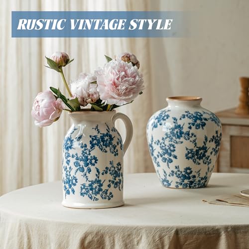 Blue and White Pitcher Vase, 8 Inch Vintage Chinoiserie Ceramic Flower Vase, Rustic Retro Ice Cracked Antique Porcelain Vases for Home Farmhouse Table Centerpieces Shelf Decor - color: Blue & White, size: Pitcher
