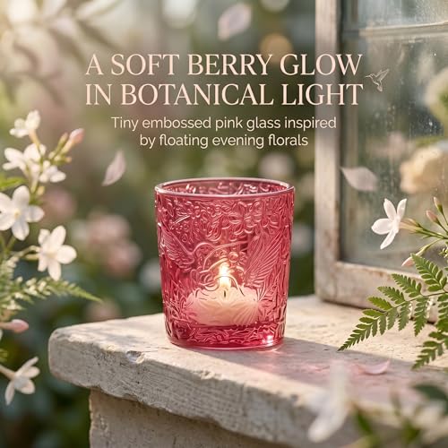 12 Pack Hummingbird Embossed Glass Candle Holders – Votive Tealight Holders with Patent Design, Decorative Embossed Glass Cups for Wedding Centerpieces, Parties, and Home Décor (Wildberry Red) - color: Wildberry Red