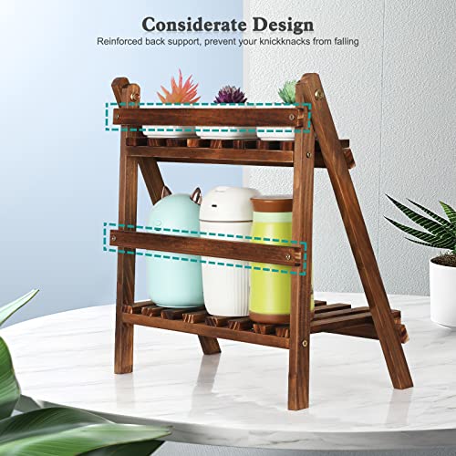 Jotsport 2 Tier Tabletop Plant Stand Step Style Desktop Storage Organizer Wood Display Shelf Decorative Storage Rack, Foldable Small Plant Shelf - color: Carbonized